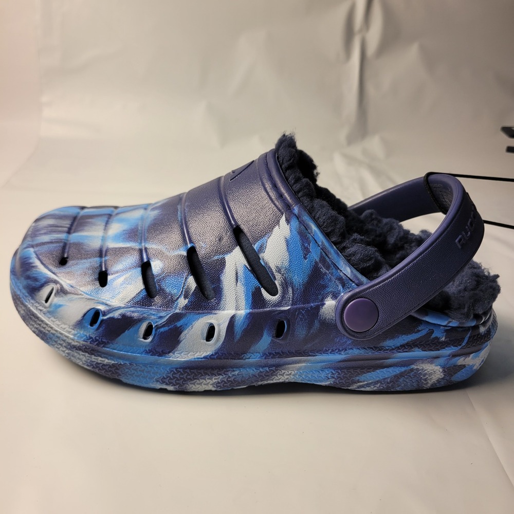 Rugged Shark Lined Clog Kids 1 Navy Blue Marble Tie Dye Fuzzy Slip On Shoes NEW